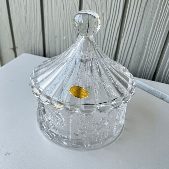 Vintage GENUINE LEAD CRYSTAL Carousel Lidded Germany Candy  German Lead Crystal Carousel Candy Jar with Lid – 7\